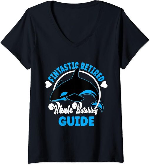 Womens Cute Orca Fintastic Retired whale watching Guide V-Neck T-Shirt