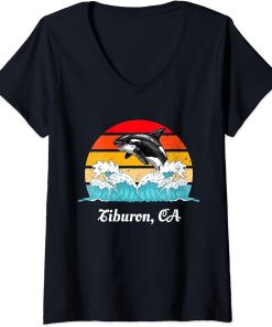 Womens Vintage Tiburon CA Distressed Orca Killer Whale Art V-Neck T-Shirt