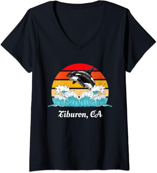 Womens Vintage Tiburon CA Distressed Orca Killer Whale Art V-Neck T-Shirt