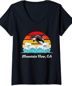 Womens Vintage Mountain View CA Distressed Orca Killer Whale Art V-Neck T-Shirt