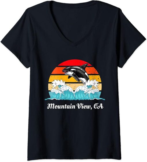 Womens Vintage Mountain View CA Distressed Orca Killer Whale Art V-Neck T-Shirt