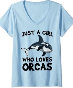 Womens Orcas Whale Girl Love Sword Whale V-Neck T-Shirt