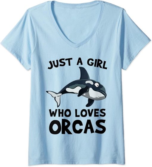 Womens Orcas Whale Girl Love Sword Whale V-Neck T-Shirt